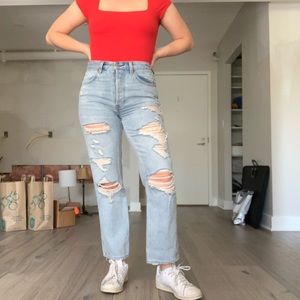 Abercrombie light wash distressed mom jean